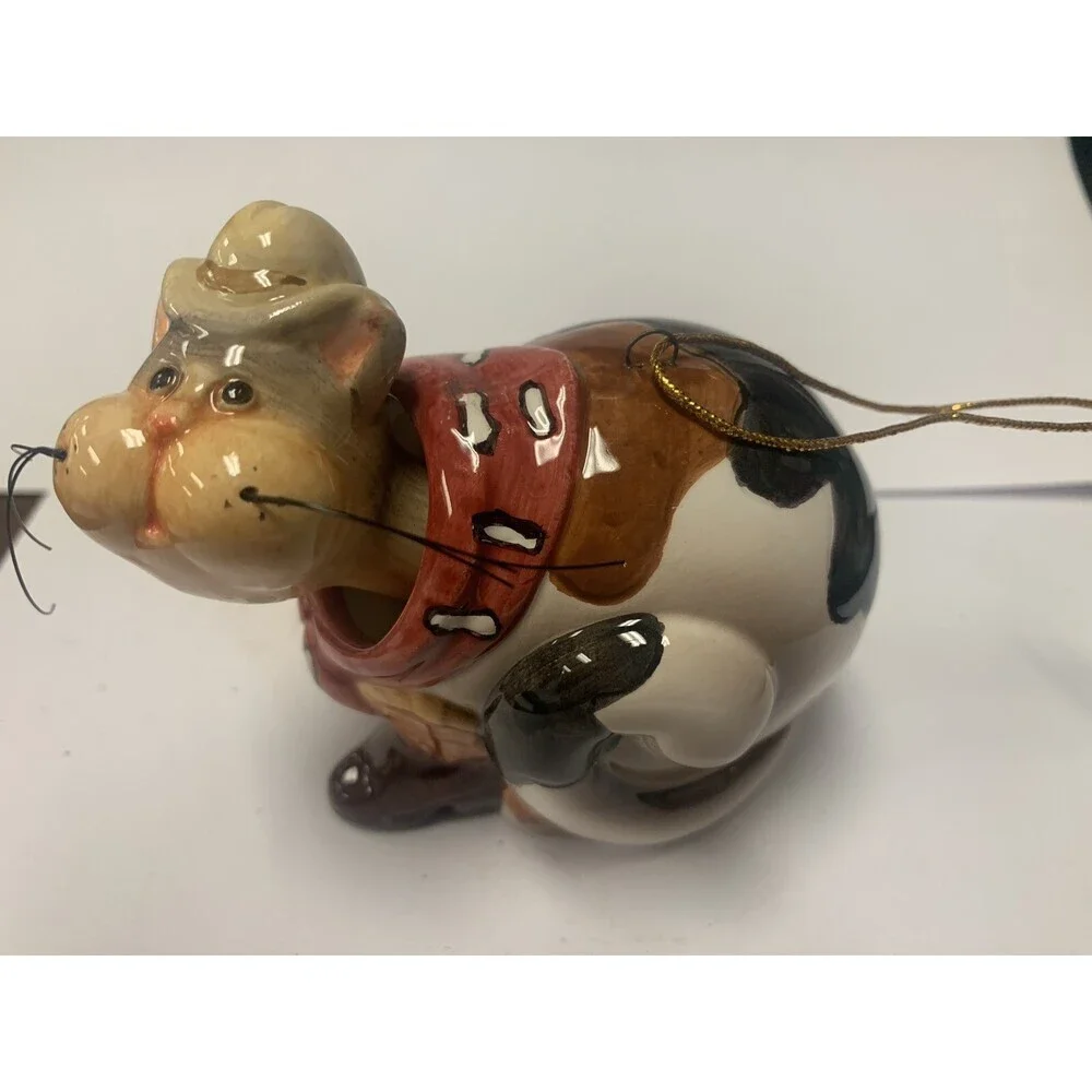 Bobble Head Cat Cowboy Ceramic Christmas Ornament 4”x3”x2”